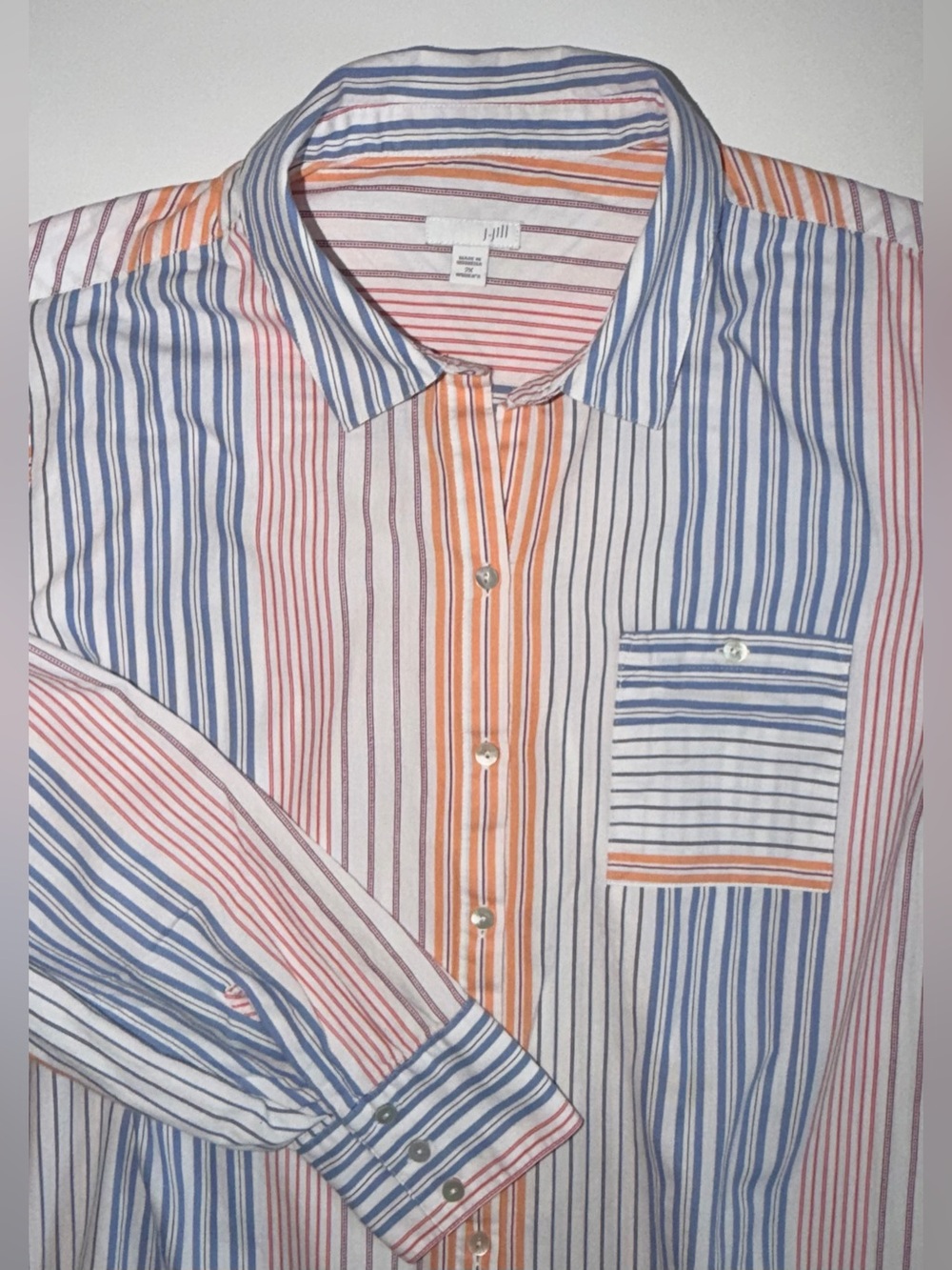J Jill Button Front Shirt Top Blue White Orange Stripe Business Casual Cotton 2X